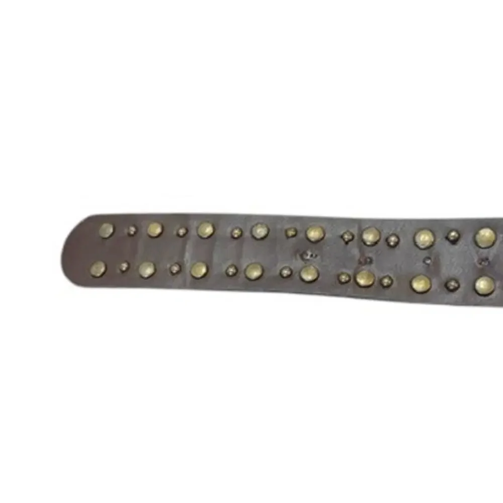 Vintage Brown Leather Studded Belt w/ Green Ornate Buckle | Boho Western